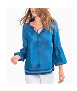 NWT Womens Size Small Soutern Tide Embroidered Tencel Denim Vintage Wash Blouse - $41.15