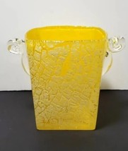 Square Art Glass Ice Bucket Yellow w/ White Crackle Glaze Curled Handles... - $23.33