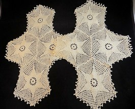 Large HAND CRAFTED DOILIES Set of 2 CROSSES w/ STAR DESIGN Ivory 21&quot; x 14&quot; - $9.69