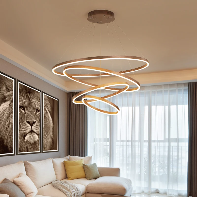 Andelier home lighting aluminum brushed rings gold coffee hanging lamps for living room thumb200