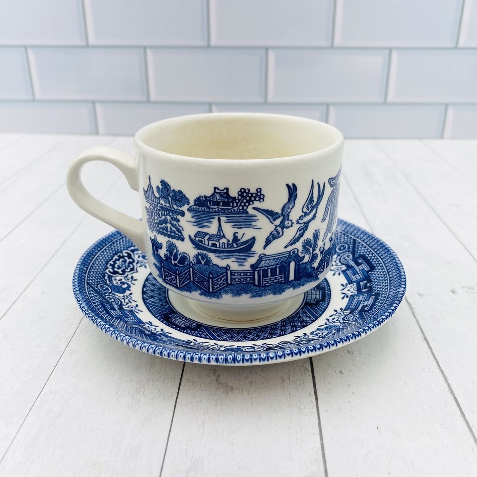 Churchill Blue Willow Cup &amp; Saucer Set England China Tea MCM Cobalt &amp; White - $10.76
