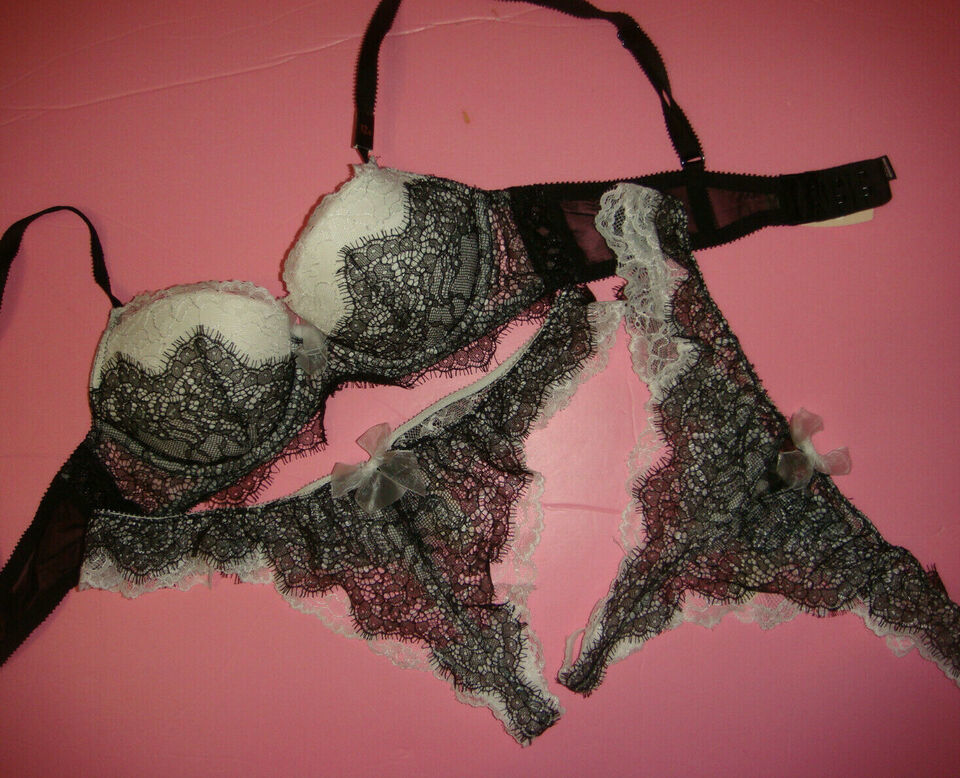 Victoria&#39;s Secret 32A BRA SET S thong White black chantilly lace DREAM A... - $36.62