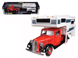 1937 Ford Pickup Truck w Camper Shell Red White 1/24 Diecast Car Motormax - £39.91 GBP