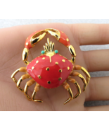 Enamel Crab Brooch Pendant Bale Brilliant Coral Enamel Aqua Eyes Gold To... - $470.22 MXN
