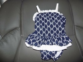 Janie And Jack Navy Blue/White Bow Print Swimsuit Size 3/6 Months NEW - £26.61 GBP