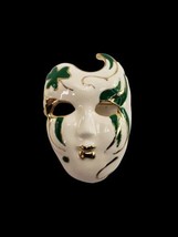 Vintage Madri Gras Shamrock Green Enamel White Face Mask Gold Tone Brooch Pin - $16.34