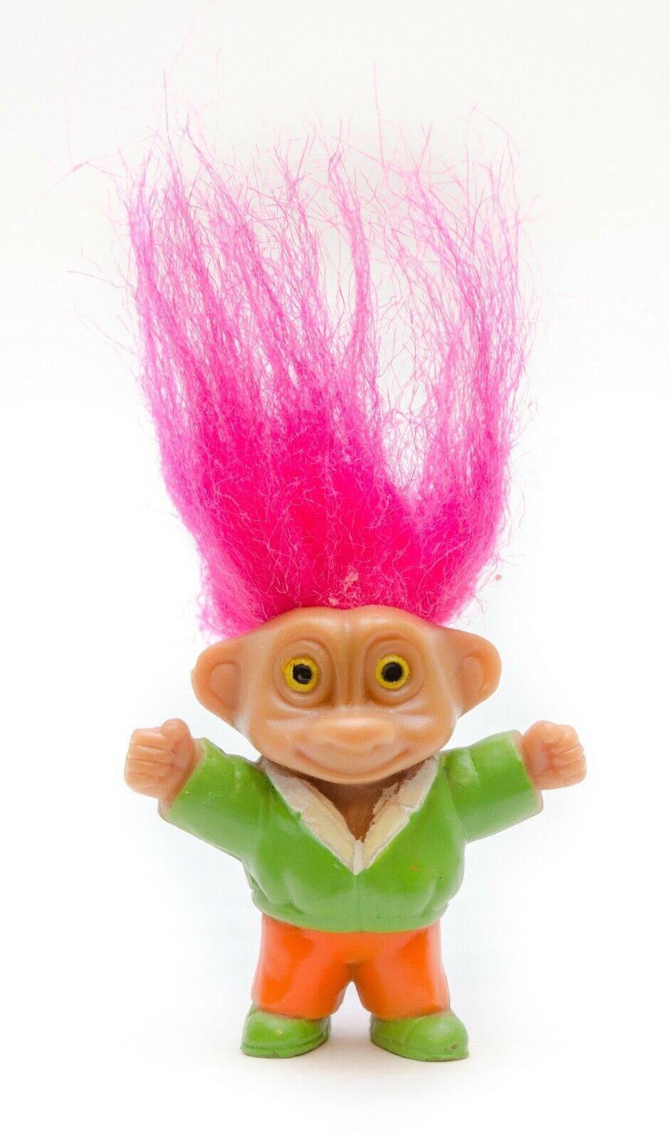 Soma Small Troll Doll, Pink Hair Yellow Eyes Green Suit Vintage - $11.85