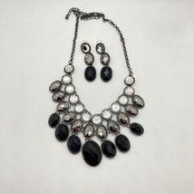 Vintage Charming Charlie Set Bib Necklace Black Clear Gun Metal Pierced ... - £15.91 GBP