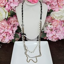 Betsey Johnson Black Ribbon Silver Tone Chain Faux Pearl Long Necklace 39&quot; - £19.91 GBP