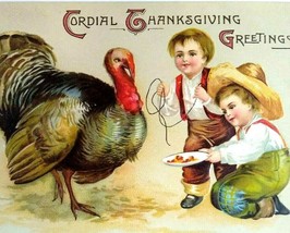Thanksgiving Postcard Ellen Clapsaddle Unsigned Farm Boys Feeding Turkey 1908 - £8.20 GBP