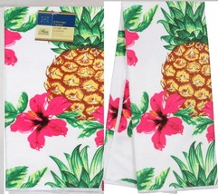 2 Same Printed Microfiber Towels (15&quot;x25&quot;) Tropical Flowers &amp; Pineapples, Gr - $10.88