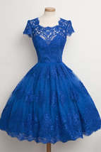 Luxurious Royal Blue Homecoming Dress,Scalloped-Edge Ball Knee-Length Dress - £122.59 GBP