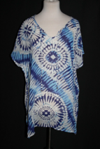 Portocruz Swim Cover Up Women&#39;s Size M Blue White V-Neck Sheer Short Sleeve - $18.00