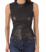 Party Wear Handmade Lambskin Leather  Black Stylish Casual Sleeveless Top Women - £95.77 GBP+