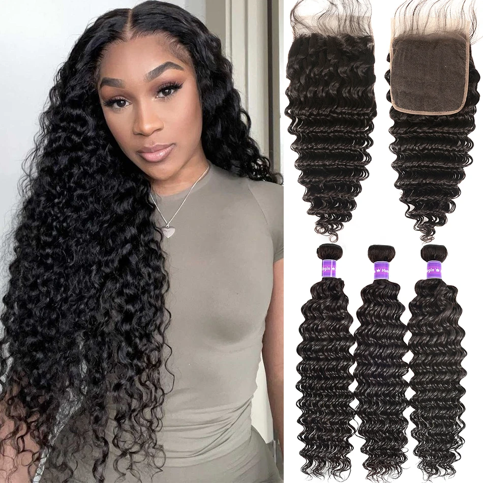 Peruvian Deep Wave Bundles With 13x4 Frontal 100% Remy Human Hair 3 Bundles With - £98.54 GBP+