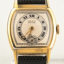 Vintage Women&#39;s Gruen Gold-Plated Hand-Winding Art Deco Watch w/ Leather Strap - £472.40 GBP