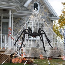 200&quot; Halloween Spider Web + 78&quot; Giant Spider Decorations Fake Spider With Triang - £27.33 GBP