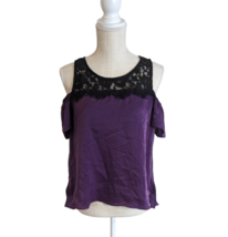 Obsess Purple Satin Black Lace Cold Shoulder Blouse SZ PXL Built-in Shelf Bra - £13.17 GBP