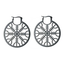 Norse Helm of Awe Earrings Black Stainless Steel Large Viking Dangle Huggies - £14.05 GBP