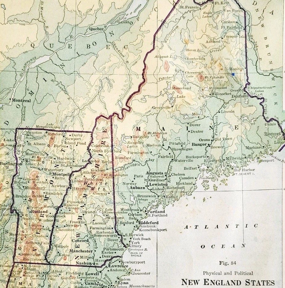 1916 Map New England States Physical Political Maine NH Mass CT RI VT DW... - $19.99