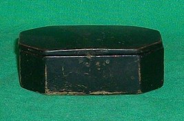 2 Antique Wooden Snuff Pill Box Coffin Wood 1880 Black Lacquer Round Compact Old - £70.63 GBP