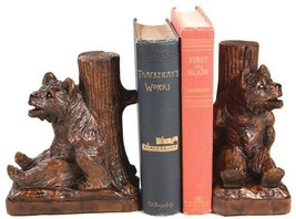 Bookends Bookend MOUNTAIN Lodge Sitting Bear Tree Trunk Burnt Umber Resin - $299.00