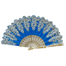 Vintage Fabic Glitter Etched Plastic Folding Fan Blue White Gold 10&quot; Japan - $9.63