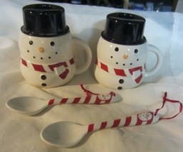 Williams Sonoma Holiday Ceramic Snowman Mugs / spoons - £29.88 GBP