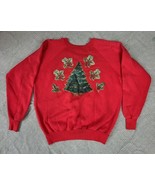 Vintage 80s Sweatshirt Sweater Sz XL Red Christmas Tree Gold Glitter Kit... - $29.11 CAD
