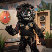 Black Tamer Lion mascot costume character dressed with a Bootcut Jeans and Brace - £926.64 GBP