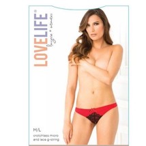 LoveLife Crotchless Micro &amp; Lace Tri-Band G-String, M/L, Red &amp; Black - $7.99