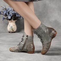 Leather Boots Luxury Designer 3cm Shoes for Women Handmade Embossed Flower Genui - £126.86 GBP