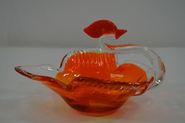 Pressed Glass Rooster Orange Clear Trinket Dish Bowl Bird Chicken Sculpture 8&quot; - £22.75 GBP