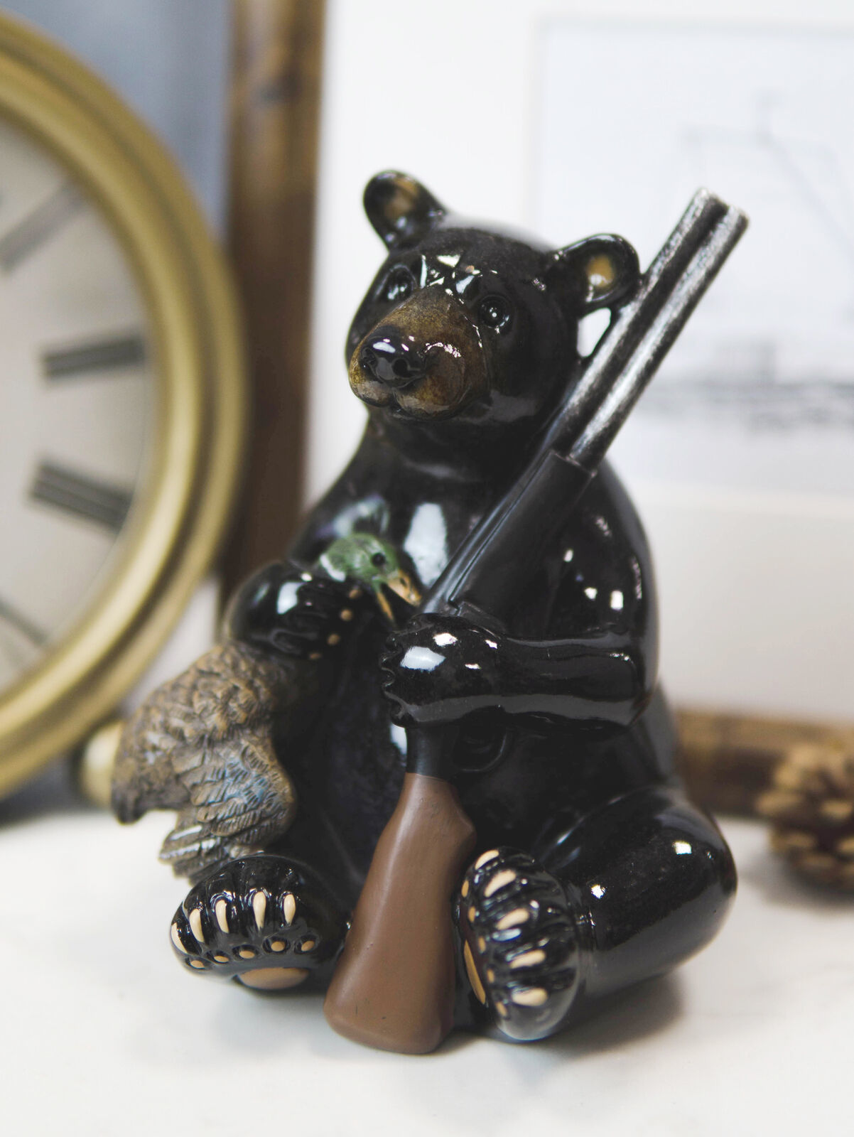 Western Rustic Hunter Black Bear Holding Shotgun And Mallard Duck Figuri... - $20.99