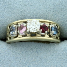 Vintage 3/4ct TW Diamond, Ruby, Sapphire, and Topaz Ring in 10K Yellow Gold - £560.90 GBP