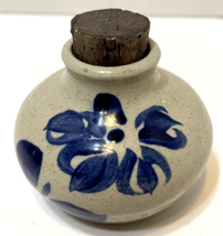Vintage Hand Painted Blue Cream Miniature Vase Container with Cork Stopper 2 in - £13.03 GBP