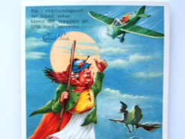 Easter Witch Postcard Fantasy Glad Pask Riding Broom Airplane Full Moon Sweden - £38.19 GBP