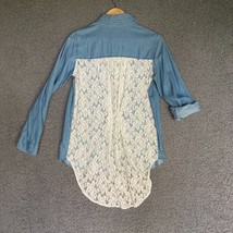 Hint of Mint Button Up Blouse Womens M Lace Back Blue Denim Top Casual S... - $11.40
