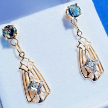 Sapphire Diamond Deco Design Earrings Vintage Filigree Dangles 14k Gold - $1,583.01