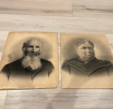 2 Large Antique Photographs Unframed Man &amp; Woman Portraits Farm House Decor - £19.51 GBP