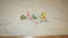 Vintage baby crib blanket sheet coverlet embroidered bear on bike wall h... - $13.37