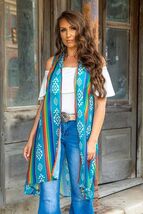 Kimono Serape Chiffon Mid Length Women's Vest Rainbow Teal Small - $19.79 Kimono Serape Chiffon Mid Length Women's Vest Rainbow Teal Small - $19.79