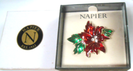 Napier Christmas Enamel Poinsettia Brooch W/Clear Rhinestones - £19.08 GBP