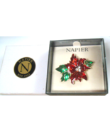 Napier Christmas Enamel Poinsettia Brooch W/Clear Rhinestones - $24.26