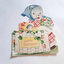 Happy Birthday Cat In Dress Fence Anthropomorphic Vintage Card Used - £18.99 GBP