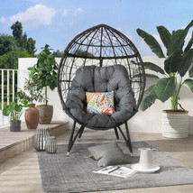 Outdoor Patio Wicker Egg Chair Indoor Basket Wicker Chair with Grey Cusion - £260.41 GBP