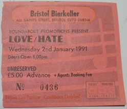 Love/Hate Ticket Stub NM 1991 Bristol Bierkeller England Roundabout Prom... - £7.79 GBP