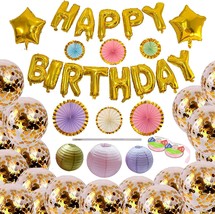 Happy Birthday Decoration Banner w/Gold Balloon Letters Stars Lantern Pa... - £17.55 GBP