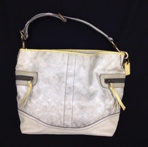 Coach Bucket Hobo Handbag Off White Ivory Leather Signature Fabric B05K-... - $46.78