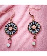 Boho Pink Drop Earrings – Copper Tone Mandala Disc - $12.95